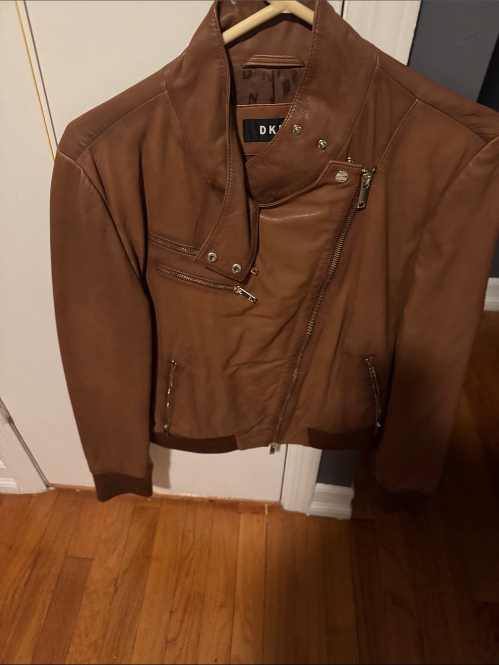 DKNY Men's Tan Brown Leather Bomber Jacket